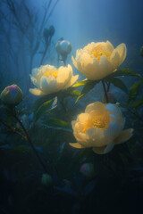 Incredible three yellow peony flowers in the morning dew. AI generation