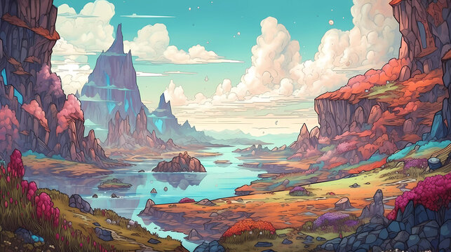 Majestic Retro Landscape Artwork of Scenic Mountains, Crystal Clear Waterfalls, and Verdant Trees with Artistic Digital Flair Generative AI