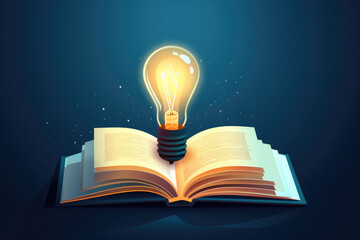 Open book and bright glowing light bulb on blue background.
