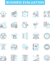 Business evaluation vector line icons set. Valuation, Analysis, Assess, Assessments, Review, Assessing, Assessors illustration outline concept symbols and signs