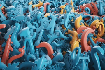 Obraz premium Abstract art of 3D flock of plastic seahorses swimming underwater. Sea of plastic concept. Generative AI