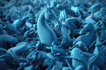 Obraz premium Abstract art of 3D flock of plastic seahorses swimming underwater. Sea of plastic concept. Generative AI