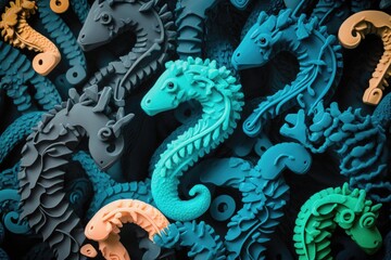 Fototapeta premium Abstract art of 3D flock of plastic seahorses swimming underwater. Sea of plastic concept. Generative AI
