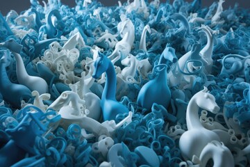 Obraz premium Abstract art of 3D flock of plastic seahorses swimming underwater. Sea of plastic concept. Generative AI