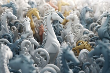 Fototapeta premium Abstract art of 3D flock of plastic seahorses swimming underwater. Sea of plastic concept. Generative AI