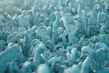 Obraz premium Abstract art of 3D flock of plastic seahorses swimming underwater. Sea of plastic concept. Generative AI