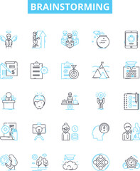 Brainstorming vector line icons set. Ideating, Brainstorming, Contemplating, Thinking, Ponder, Planning, Analyzing illustration outline concept symbols and signs