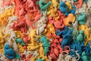 Abstract art of 3D flock of plastic seahorses swimming underwater. Sea of plastic concept. Generative AI