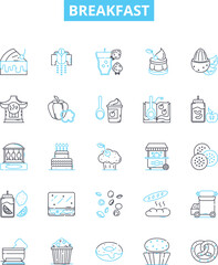 Breakfast vector line icons set. Eggs, Toast, Oatmeal, Pancakes, Cereal, Bacon, Sausage illustration outline concept symbols and signs