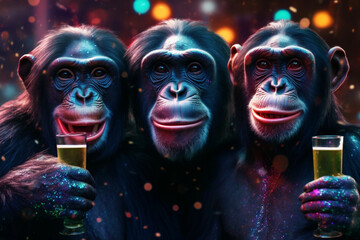 3 fröhliche Affen mit Drinks und Konfetti  in Partystimmung. Generative Ai.
 - obrazy, fototapety, plakaty