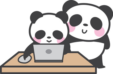 ノートパソコンの操作を見守るパンダのキャラクター
