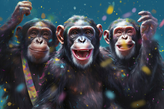 3 fr&ouml;hliche Affen mit Konfetti  in Partystimmung. Generative Ai.
