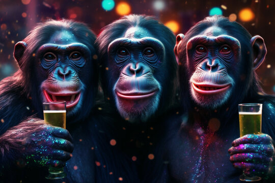 3 fr&ouml;hliche Affen mit Drinks und Konfetti  in Partystimmung. Generative Ai.
