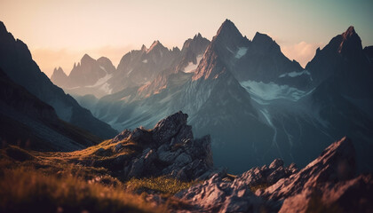 Fototapeta na wymiar Majestic mountain peak tranquil meadow panoramic landscape generated by AI