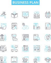 Business plan vector line icons set. Business, Plan, Strategy, Financing, Proposal, Start-up, Objectives illustration outline concept symbols and signs