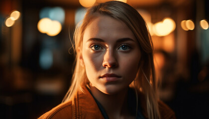 Fototapeta premium Young woman illuminated by city lights smiling confidently generated by AI