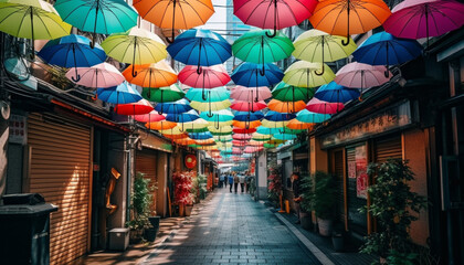 Fototapeta premium Vibrant umbrellas light up the rainy night generated by AI