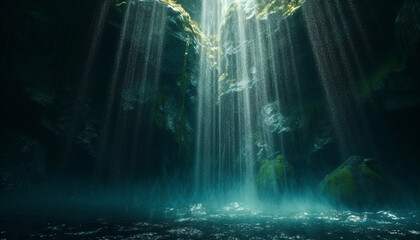 Flowing water cascades over majestic rocky terrain generated by AI