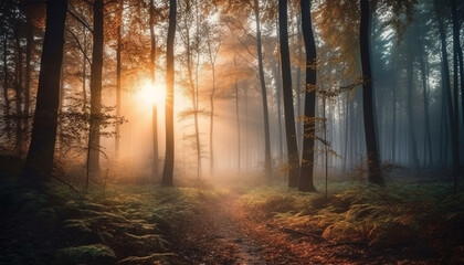 Autumn sunlight illuminates mysterious forest fantasy scene generated by AI