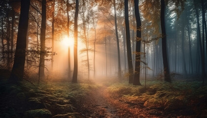 Fototapeta premium Autumn sunlight illuminates mysterious forest fantasy scene generated by AI