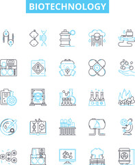 Biotechnology vector line icons set. Biotech, Genetics, Bioengineering, Genomics, Recombinant, Microbiology, Enzymes illustration outline concept symbols and signs