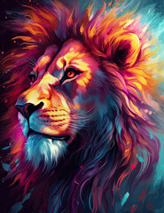 Lion, majestic, psychic wave, rainbow, fire, digital print, wall art. Generative AI