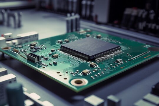 electronic circuit board close up, microcircuit in green motherboard, integrated microchip processor, generative AI