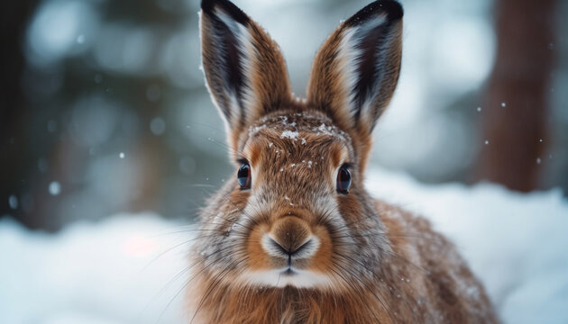 Fluffy young rabbit sitting in the snow generated by AI