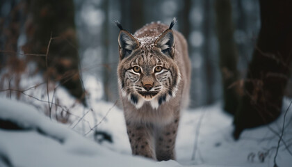 Fototapeta premium Large wildcat staring spotted fur in snow generated by AI