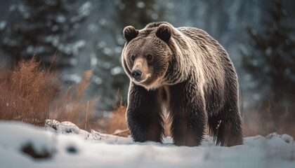 Majestic grizzly bear walking in snowy forest generated by AI