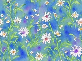pattern of daisies on blue background, watercolor. Generated AI