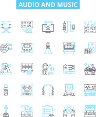 Audio and music vector line icons set. Music, Audio, Sound, Melody, Beat, Adaptation, Recording illustration outline concept symbols and signs