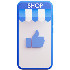 smartphone shop with thumb up 3d illustration