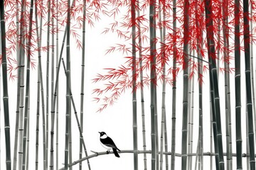 Red bamboo with a bird background. Generative AI.