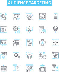 Audience targeting vector line icons set. Audience, targeting, segmentation, profiling, demographics, location, psychographics illustration outline concept symbols and signs