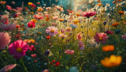 Obraz na płótnie Canvas Wildflower meadow in vibrant multi colored blossom generated by AI
