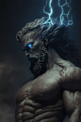 Greek God Zeus With Glowing Blue Eyes and Lightning in His Hair Generative AI