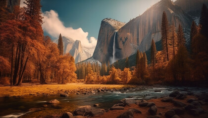 Majestic mountain peak reflects tranquil autumn beauty generated by AI