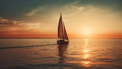 Fototapeta na wymiar Sailboat silhouette glides on tranquil horizon over water generated by AI