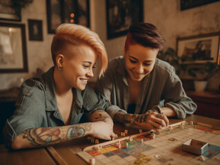 Fototapeta premium A Lesbian Couple Smiling and Playing a Board Game | Generative AI