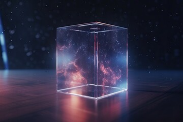 A 3D galaxy light grows in the cube. Generative AI.