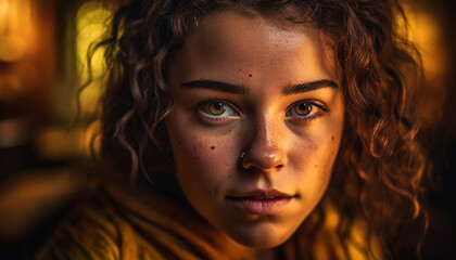 Fototapeta premium Young women with brown curly hair smiling outdoors generated by AI