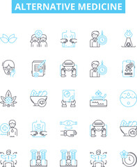 Alternative medicine vector line icons set. Holistic, Naturopathy, Homeopathy, Acupuncture, Ayurveda, Reiki, Aromatherapy illustration outline concept symbols and signs