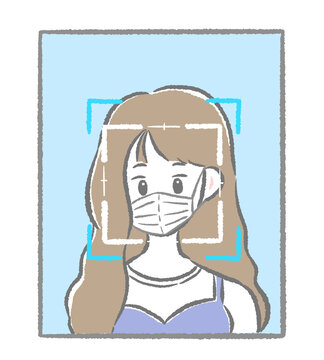 Face authentication system, a woman wearing a mask for face authentication Simple and cute hand-drawn illustration / 顔認証システム、顔認証をするマスクをした女性  シンプルでかわいい手描きイラスト