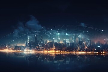 Naklejka na ściany i meble Technology city skyline at night connects the whole city. Generative AI.