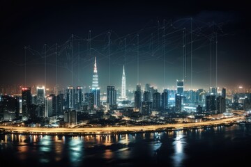 Obraz na płótnie Canvas Technology city skyline at night connects the whole city. Generative AI.