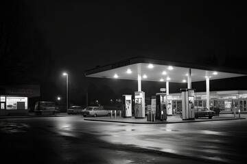 Fototapeta premium Gas station at night. Generative AI.