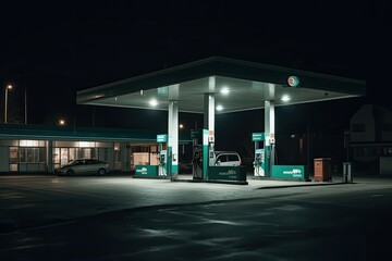Gas station at night. Generative AI.