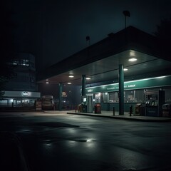 Gas station at night. Generative AI.