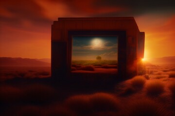 Sunset in a post-apocalyptic world with a portrait of a clean sky on a cube in the middle.